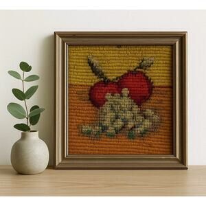 Vtg Mid Century Needlepoint Still Life Apples Grapes Framed Textile Art MCM